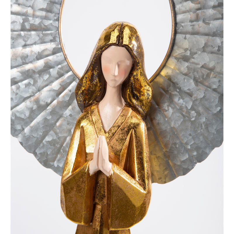 Evergreen Garden Accents,Large Golden Angel with Raised Metal Wings and Praying Hands,13.78x7.48x36.42 Inches