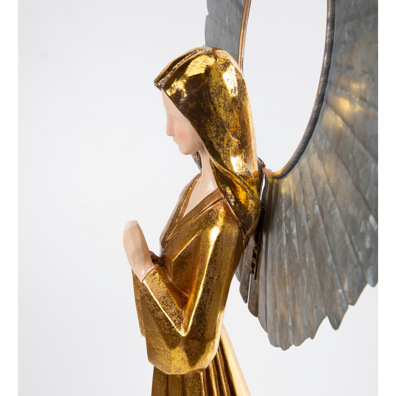 Evergreen Garden Accents,Large Golden Angel with Raised Metal Wings and Praying Hands,13.78x7.48x36.42 Inches