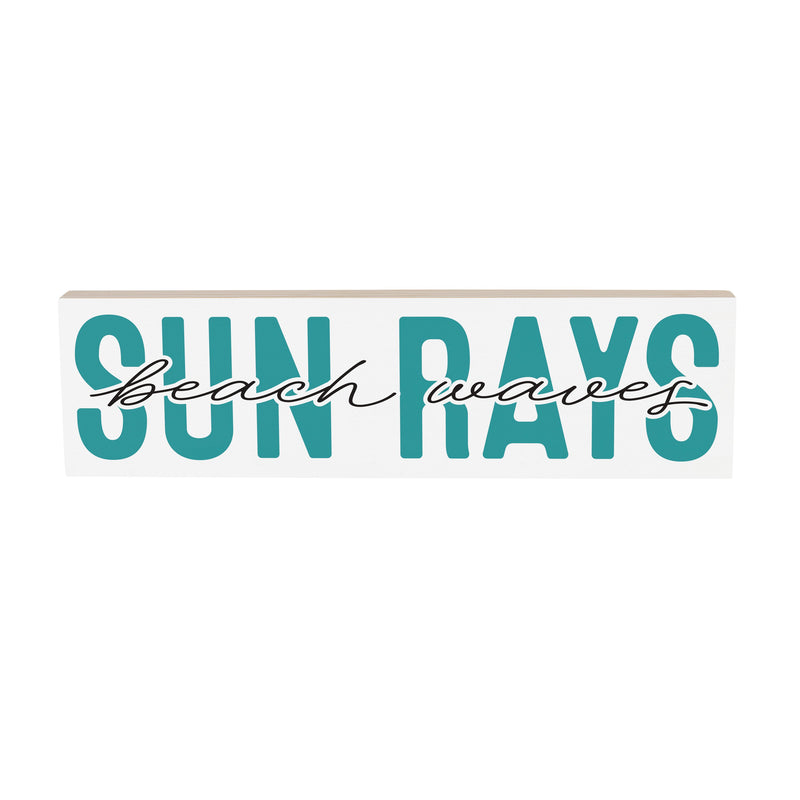 Blue Coastal Make Waves Wood Mantle Sign, "Sun Rays Beach Waves", 18"x5"