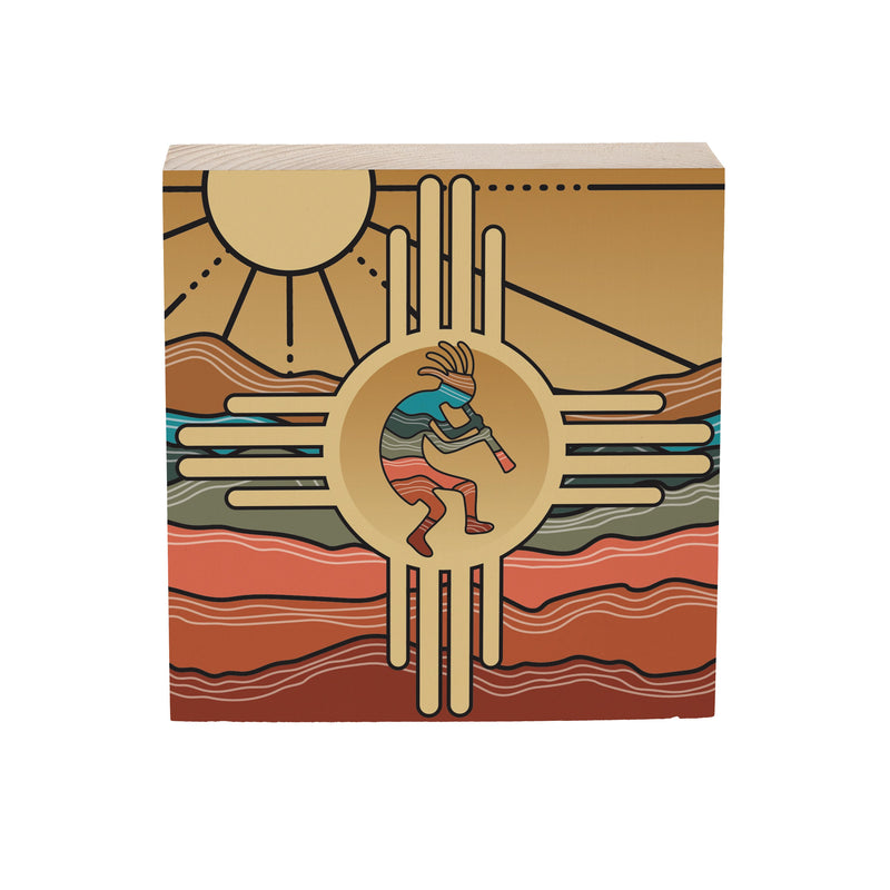 Southwest Sunrise Wood Sign Plock, Kokopelli Zia, 6"x6"