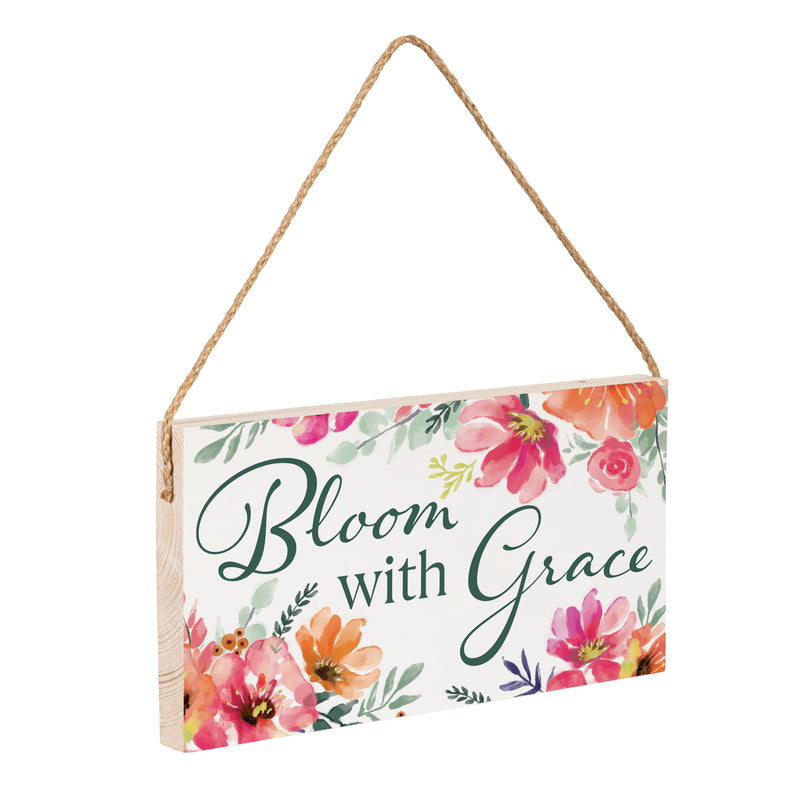 Pastels of Nature Wood Hanging Sign w/ Rope, "Bloom With Grace", 11"x6"