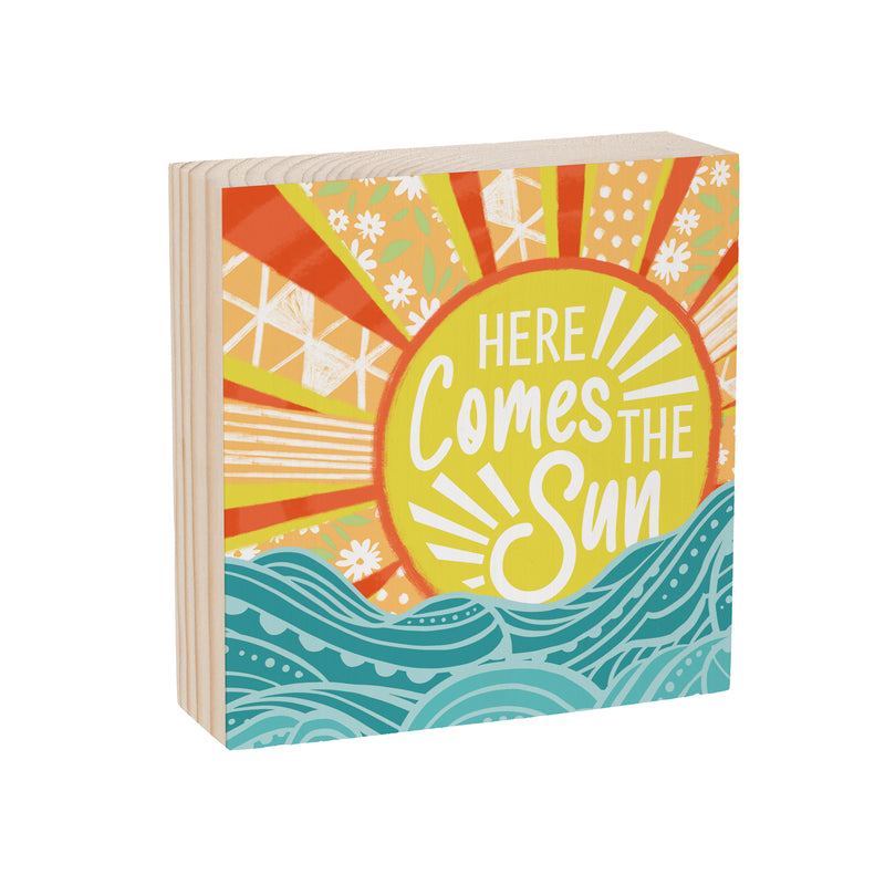 Blue Coastal Make Waves Wood Sign Plock,"Here Comes The Sun", 6"x6"