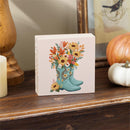 Harvest Blossom Sign Wood Block, Cowboy Boots and Sunflower Bouquet, 6"x6"