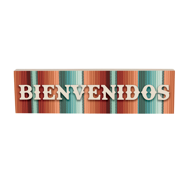 Southwest Pueblo Wood Mantle Sign, Serape Stripe "Bienvenidos", 18"x5"