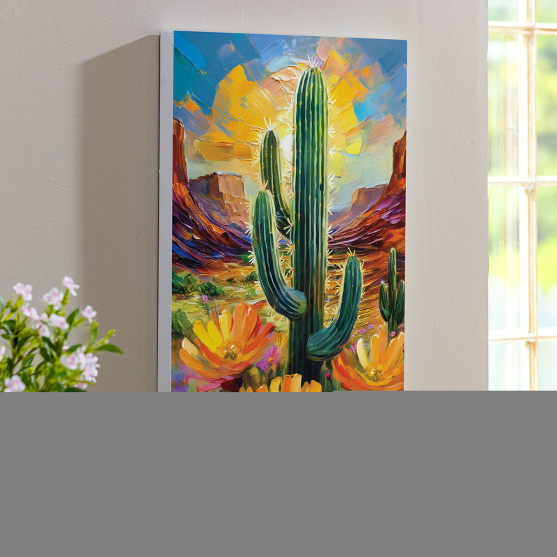 Southwest Pueblo Indoor Wall Decor, Wood, Desert Flower and Cactus, 24"x16"