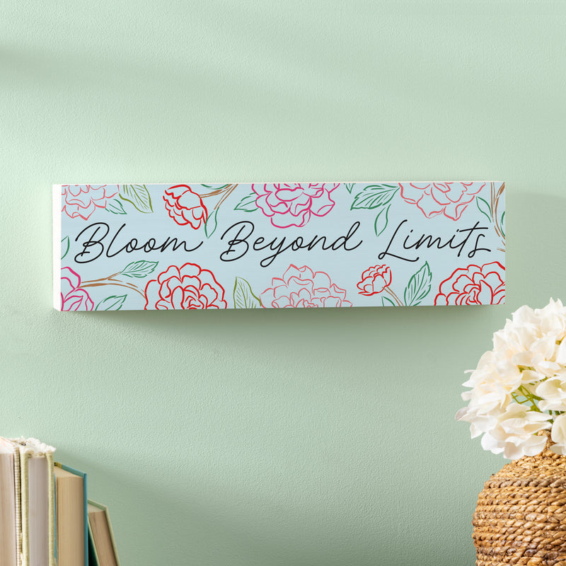 Peony Toile Wood Mantle Sign, Line Art "Bloom Beyond Limits", 18"x5"