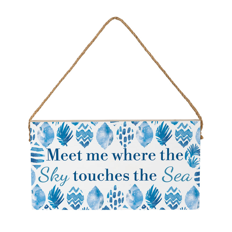 Blue Coastal Coral Sea Wood Hanging Sign w/ Rope, "Meet Me Where The Sky Touches The Sea", 11"x6"