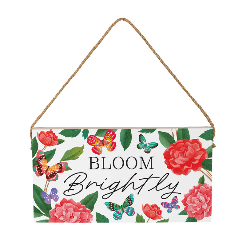 Peony Toile Wood Hanging Sign w/ Rope, Butterfly "Bloom Brightly", 11"x6"