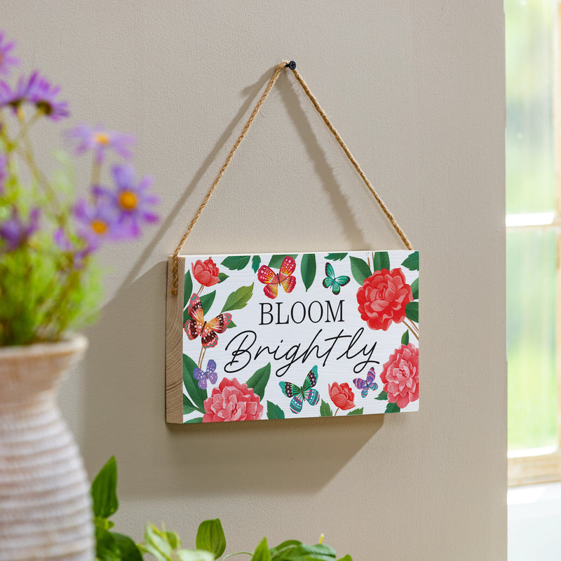 Peony Toile Wood Hanging Sign w/ Rope, Butterfly "Bloom Brightly", 11"x6"