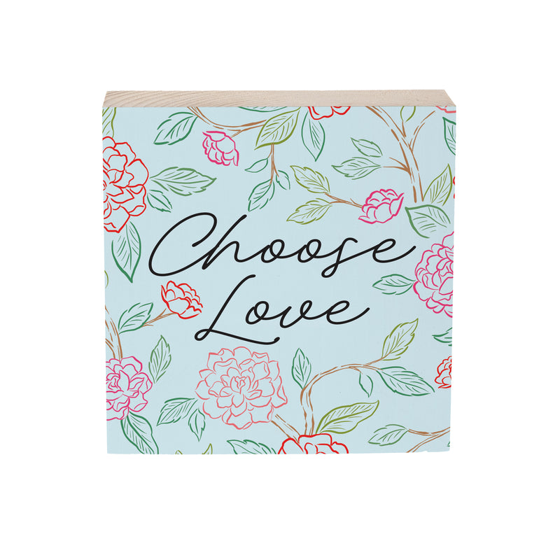 Peony Toile Wood Sign Plock, Line Art "Choose Love", 6"x6"