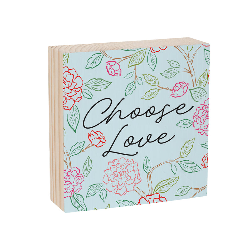 Peony Toile Wood Sign Plock, Line Art "Choose Love", 6"x6"