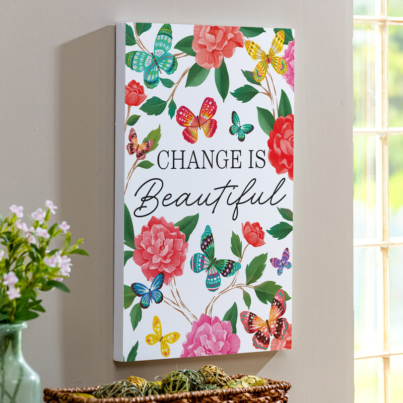 Peony Toile Indoor Wall Decor, Wood, Butterfly "Change is Beautiful", 24"x16"
