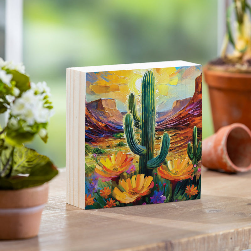 Southwest Pueblo Wood Sign Plock, Desert Flower and Cactus, 6"x6"