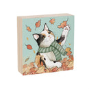Harvest Blossom Cat Sign Wood Block, Pet and Fall Leaves, 6"x6"