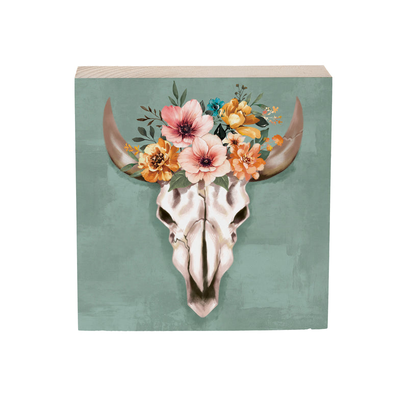 Southwest Pueblo Wood Sign Plock, Steer Skull, 6"x6"