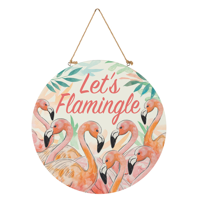 Palm Beach Flamingo Wood Door Decor, "Let's Flamingle", 18"