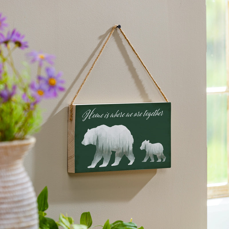 High Country Painting Wood Hanging Sign w/ Rope, Bear "Home Is Where we Are Together", 11"x6"