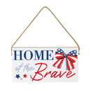 American Classic Stars & Stripes Wood Hanging Sign w/ Rope, "Home Of The Brave", 11"x6"