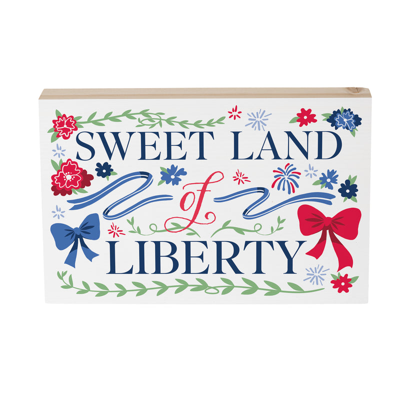 American Classic Red White & Bows Wood Sign Plock,"Sweet Land Of Liberty", 12"x8"