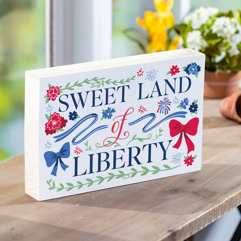 American Classic Red White & Bows Wood Sign Plock,"Sweet Land Of Liberty", 12"x8"