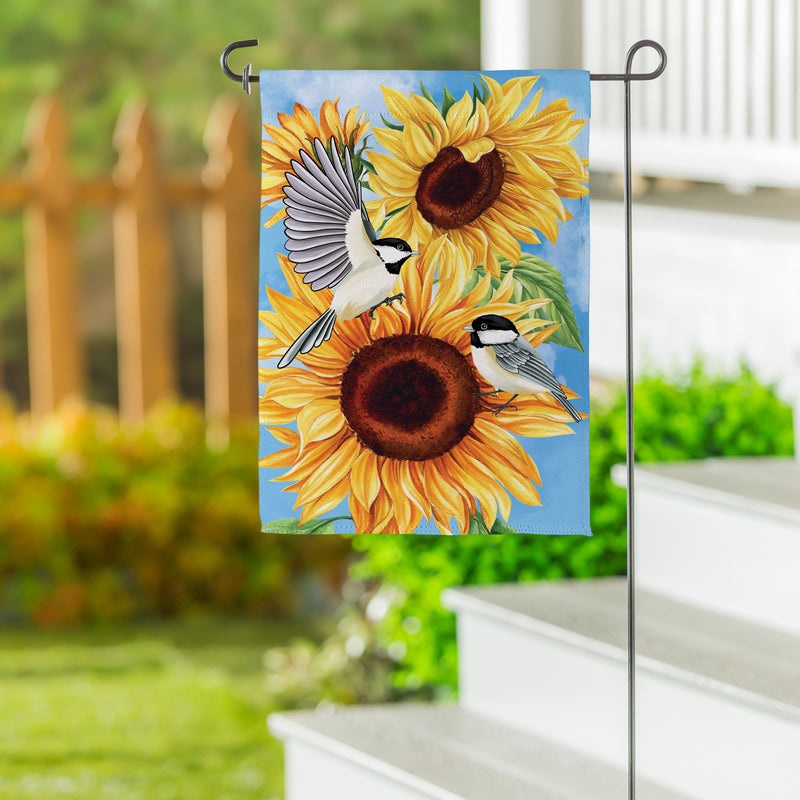 Sunflower Chickadees Suede Garden Flag