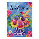 Pansies & Hummingbird Tea Cup Suede House Flag