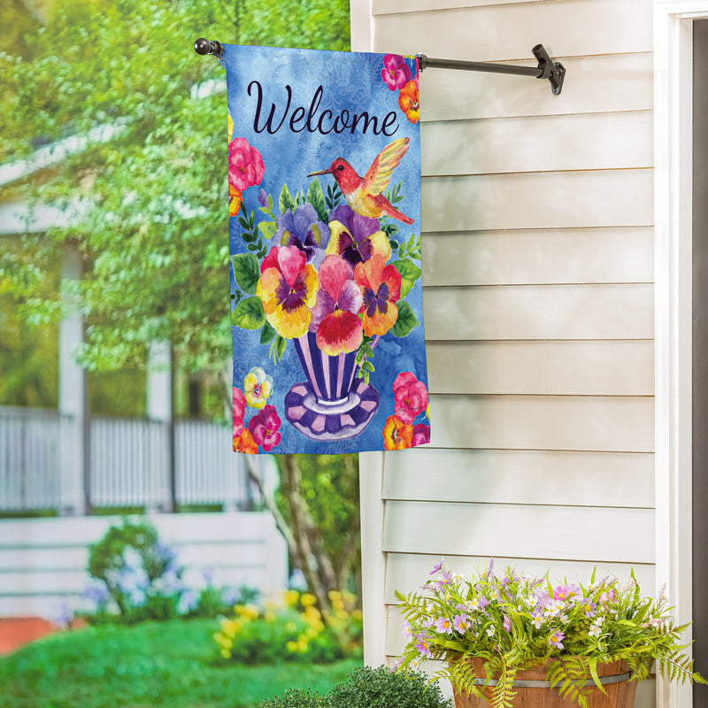 Pansies & Hummingbird Tea Cup Suede House Flag