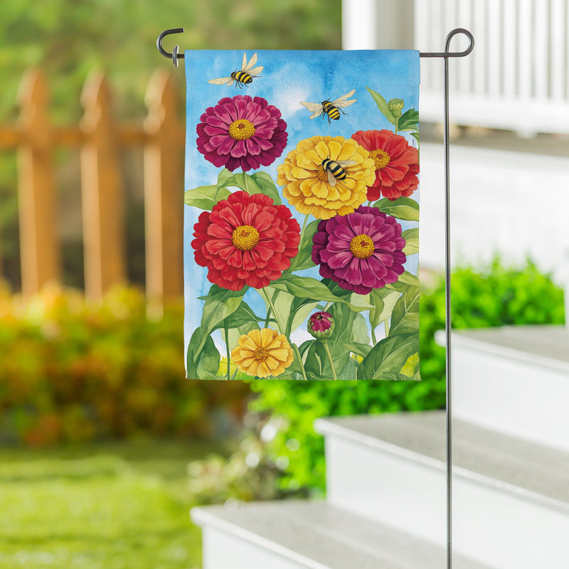 Multicolor Zinnias & Bees Suede Garden Flag