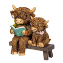 Hillside Pasture Table Decor, Resin Highland Cow Reading Book on Bench, 5.4"H
