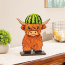 Petal & Plow Table Decor Wood Highland Cow with 6 Interchangeable Hats, 14"H