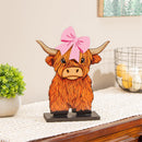 Petal & Plow Table Decor Wood Highland Cow with 6 Interchangeable Hats, 14"H
