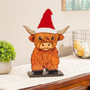 Petal & Plow Table Decor Wood Highland Cow with 6 Interchangeable Hats, 14"H
