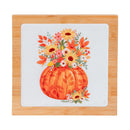 Harvest Blossom Trivet Ceramic and Wood Square Pumpkin, 7.8"