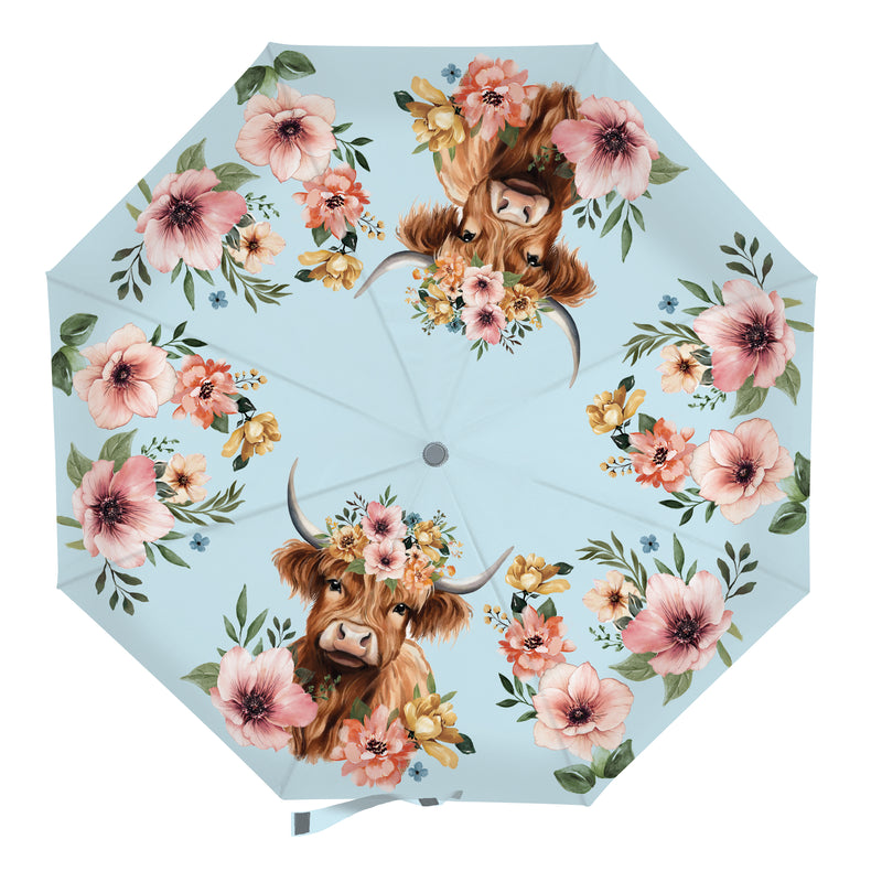 Petal & Plow Umbrella Manual Compact with Sleeve, Farm Highland Cow, 38" Canopy x 22.5"H
