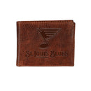 St. Louis Blues 2025, Embossed 100% Genuine Tumbled Leather Passcase Bi-Fold Wallet, Brown