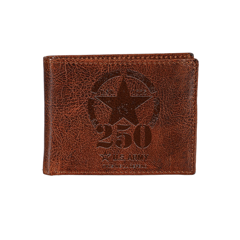 US Army, 250th Anniversary, Embossed 100% Genuine Tumbled Leather Passcase Bi-Fold Wallet, Brown