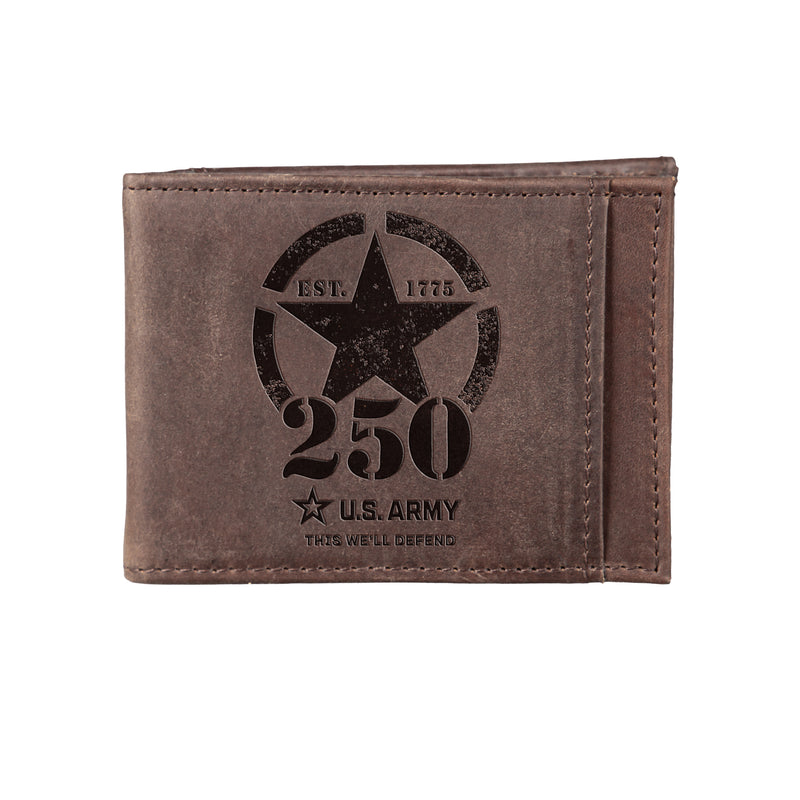 Front Pocket Wallet w/ RFID Blocking, US Army, 250th Anniversary, Brown