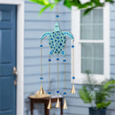 Blue Coastal Wind Chime, Glass & Metal, Sea Turtle with Bells, 36"