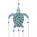 Blue Coastal Wind Chime, Glass & Metal, Sea Turtle with Bells, 36"