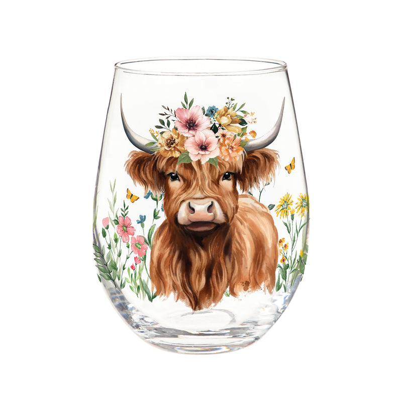 Petal & Plow Wine Glass Stemless, Farm Highland Cow, 17oz, Gift Box