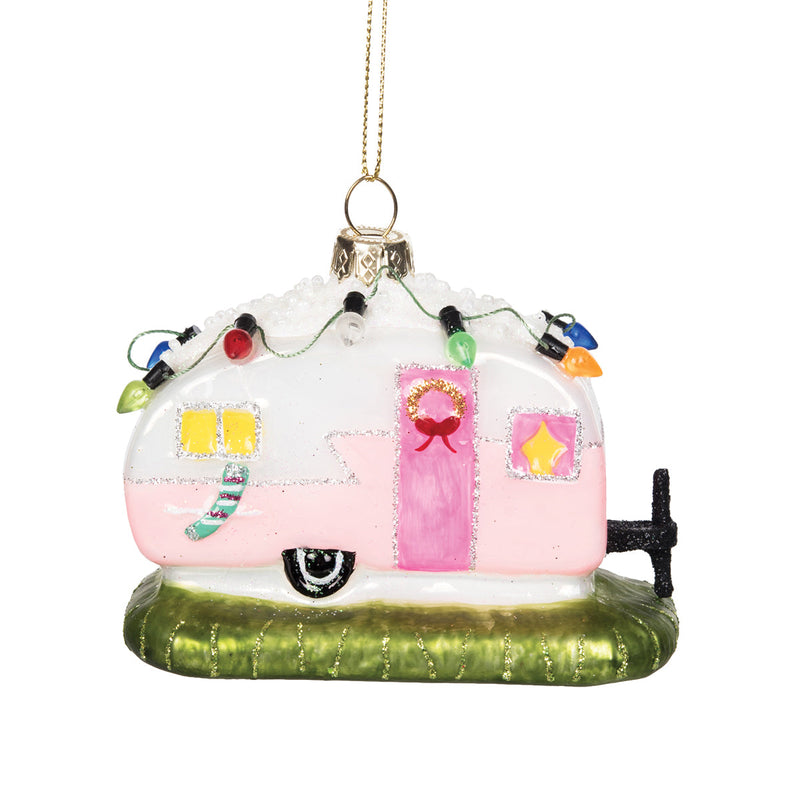 Blown Glass Pink Camper Orn