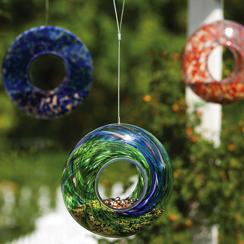 Evergreen Bird Feeder,Glass circle feeder, swirl, three assorted colors,9x9x3.5 Inches