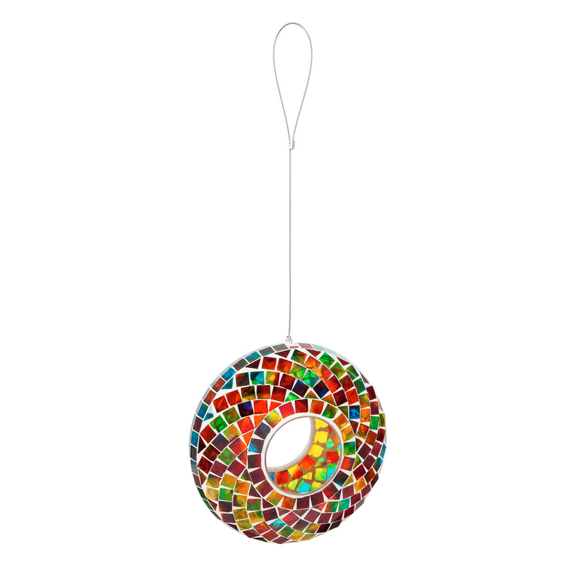 Evergreen Bird Feeder,9.25"D Acrylic Circle Feeder, Rainbow Mosaic Glass,3.5x9x9 Inches