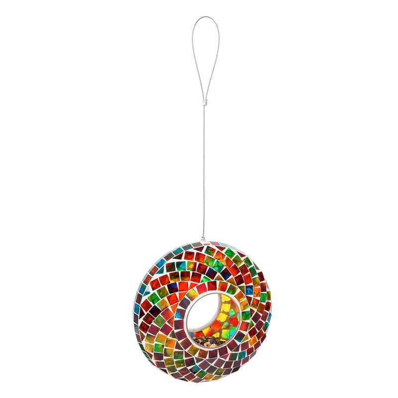 Evergreen Bird Feeder,9.25"D Acrylic Circle Feeder, Rainbow Mosaic Glass,3.5x9x9 Inches