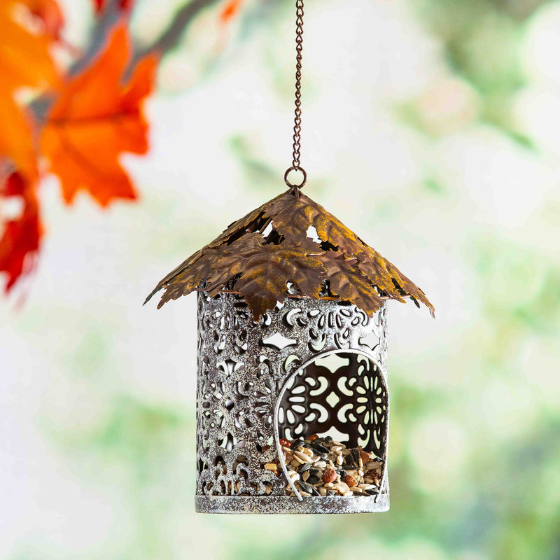 Evergreen Bird Feeder,Bird Feeder with Metal Maple Leaf Roof,8.26x9.2x8.26 Inches