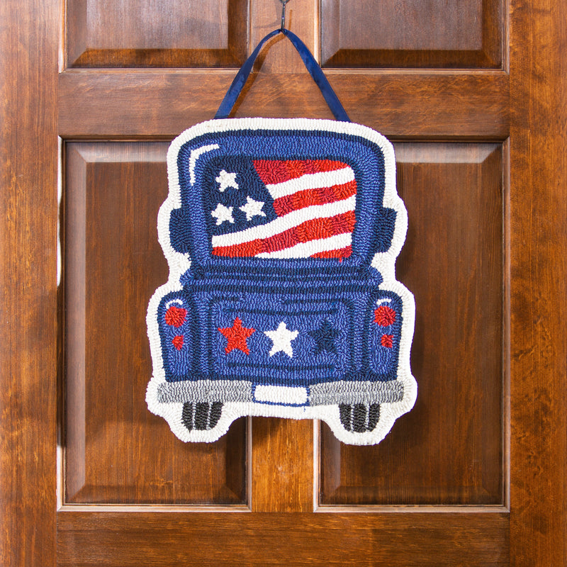 Evergreen Door Decor,Patriotic Truck Hooked Door Décor,16x20x0.5 Inches