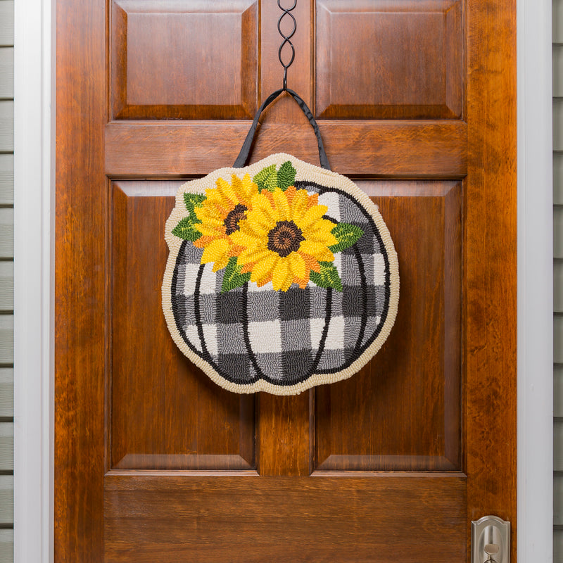 Evergreen Door Decor,Check Pumpkin and Sunflowers Hooked Door Décor,18x0.5x18 Inches