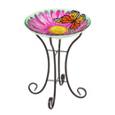 18" Solar Hand Painted Embossed Glass Bird Bath with Stand, Butterfly,2gb1186
