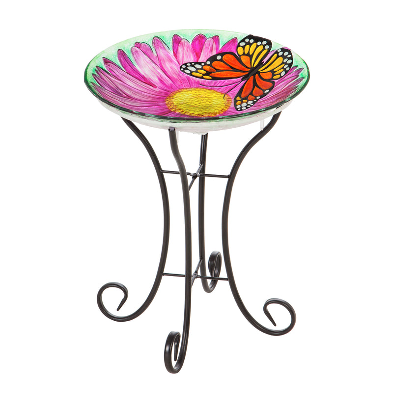18" Solar Hand Painted Embossed Glass Bird Bath with Stand, Butterfly,2gb1186