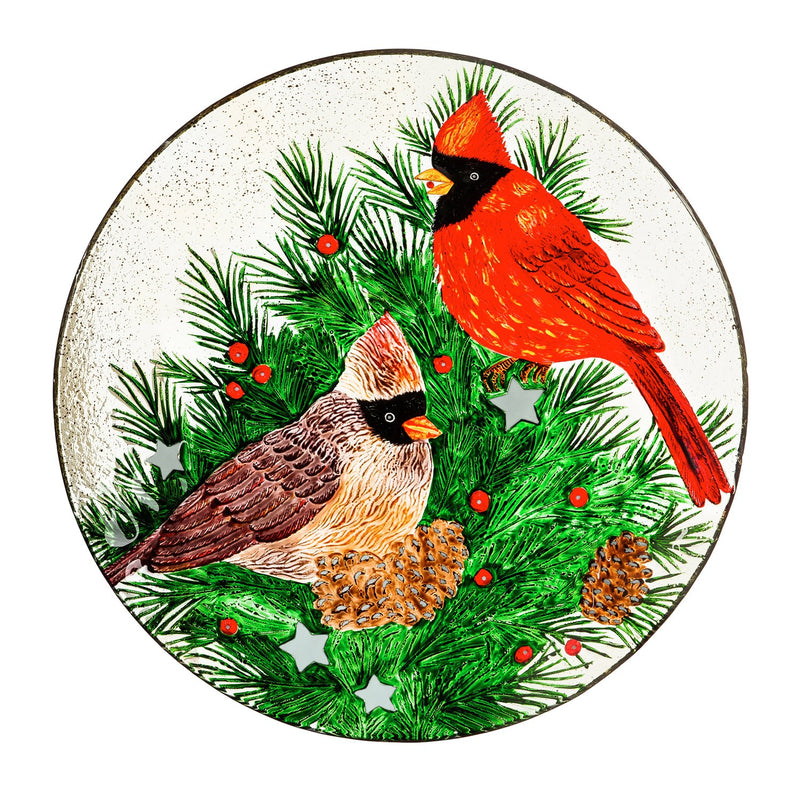 18" Hand Painted Embossed Glass Bird Bath, Cardinals and Winter Spruce,2gb1207